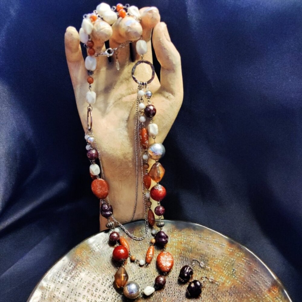EsMor Silver Tone Brown/Rust Multi Bead Layered Long Necklace and Earrings Set